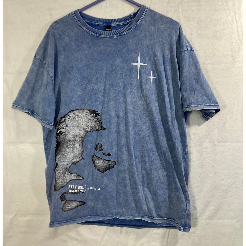 Manfinity Graphic T-Shirt Mens Large Blue Acid Wash Stay Wild Streetwear Tee